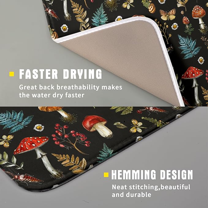 Mushroom Forest Dish Drying Mat Fern Leaves Black Drainer Mat
