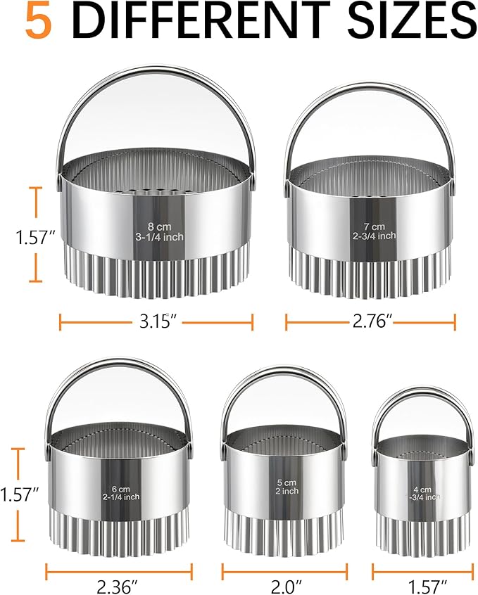 Biscuit Cutter Set with Handle, 5 Piece Stainless Steel Fluted Round Cookie
