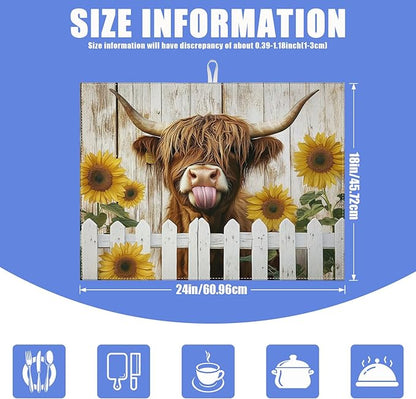 Sunflower Highland Cow Dish Drying Mat