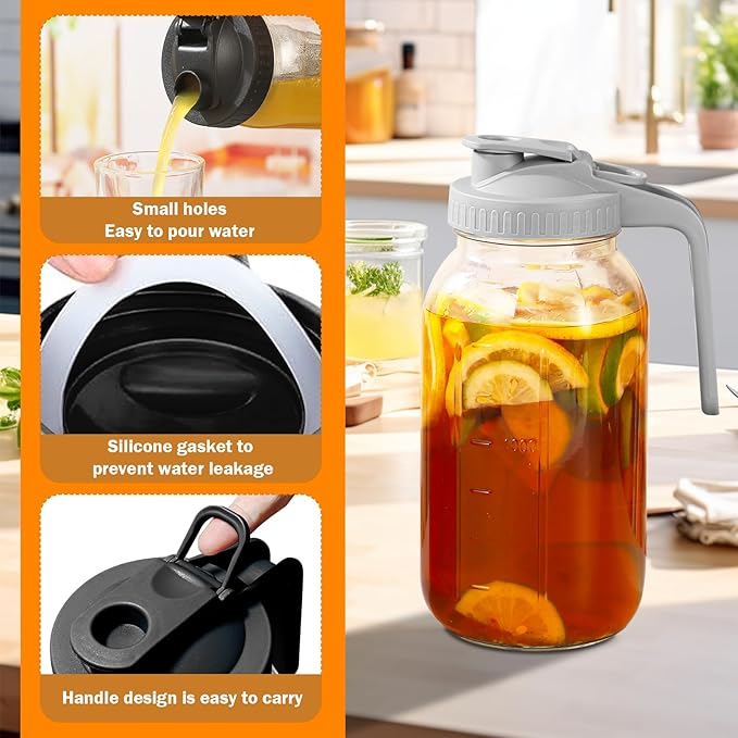 2 Pack Glass Pitchers with Lid, 64 oz Sun Tea Pitcher, Half Gallon Mason Jar