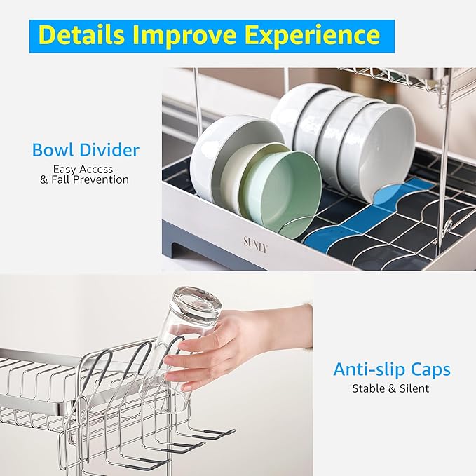 SUNLY Large Dish Drying Rack, 304 Stainless, Extra Large Drain Board