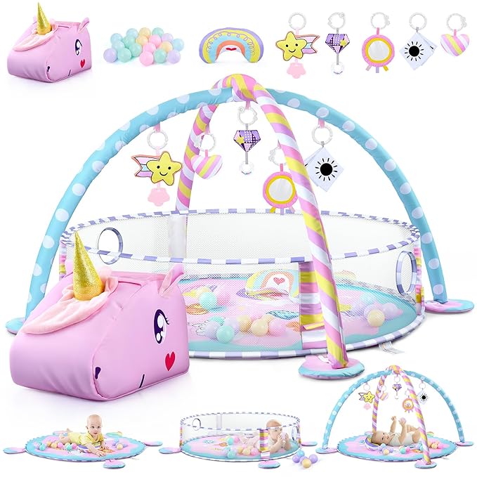 Baby Play Mat & Activity Mat - Baby Play Gym Tummy Time Mat with 6 Detachable Sensory Toys for Motor Skills Development, Newborn Baby Toys 0-6-12 Months Essentials Gift Playmats