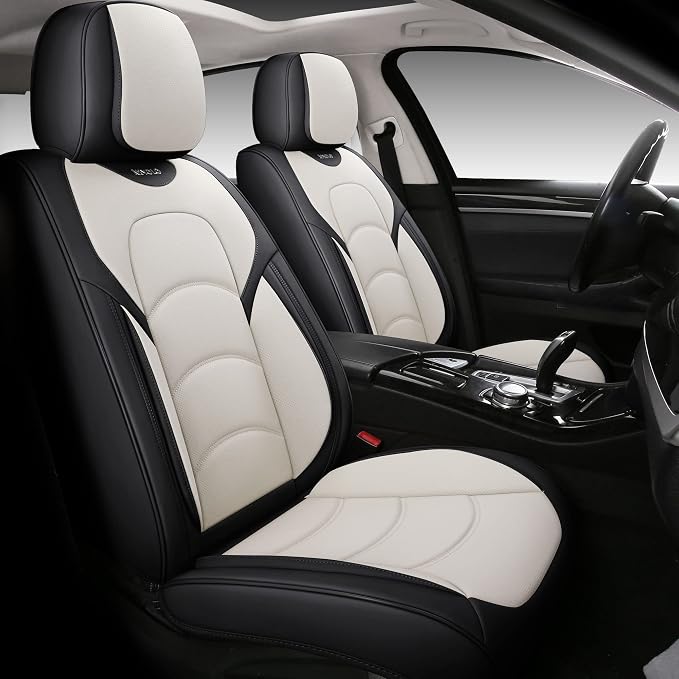 NS YOLO Full Coverage Car Seat Covers Universal Fit for Cars SUVs Pick-up Trucks with Waterproof Leatherette in Automotive Vehicle Interior Accessories (Black and White, Front Pair)