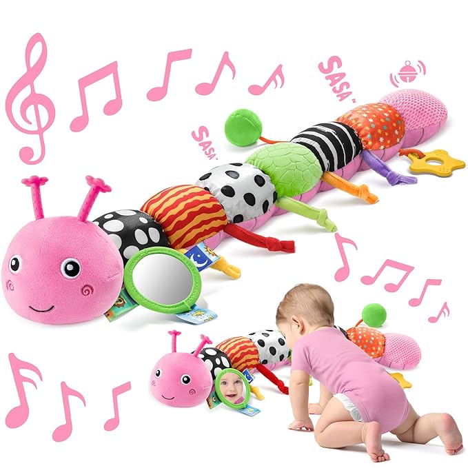 Sumobaby Baby Toys 0-6 6-12 Months,Music Caterpillar Plush Toy with Baby Mirror, Pull String&Crinkle Rattle,Infant Sensory Toys,Tummy Time for 0-3-6-12 Month Boys Girls Newborn Gifts (Pink-Branch)