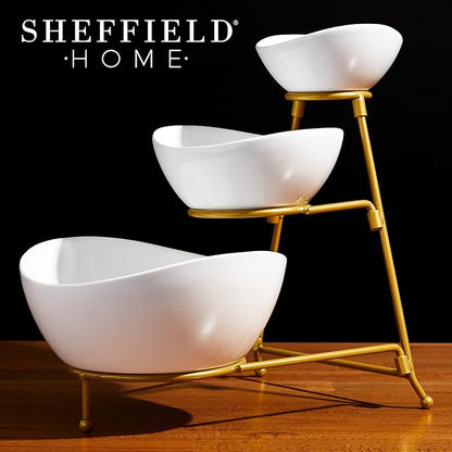 3 Tier Large Serving Bowls Set - Microwave & Dishwasher Safe Stoneware Fruit Bowl with Collapsible Gold Metal Stand - Bowls for Kitchen, Dinner Parties, Desserts, Chip and Dip & Side Dishes (White)