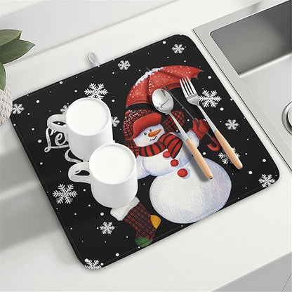 Winter Snowman Dish Drying Mat, Christmas Snow Dish Drying Mat