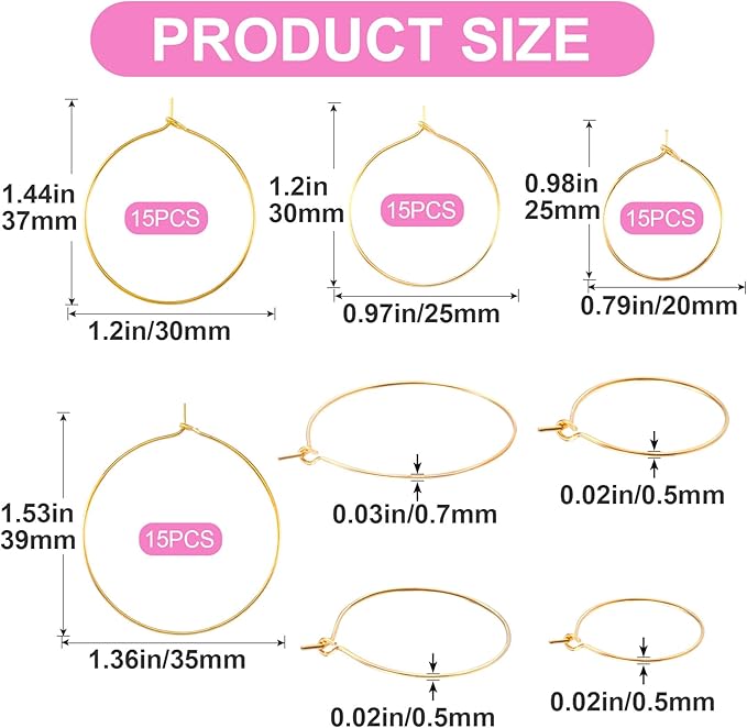 Pndeyo 60pcs Hypoallergenic Earring Beading Hoops, Mix Sizes Round Hoop Earrings Findings, Open Earring Wire Ring Accessories for Jewelry Making- Gold