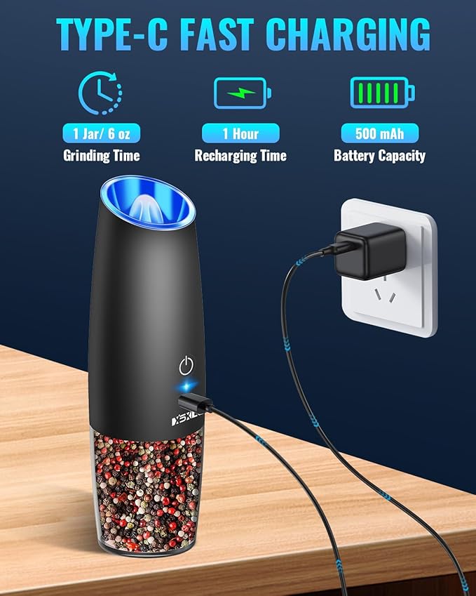 Rechargeable Pepper and Salt Grinder Set, whit Gravity Sensing Switch and LED