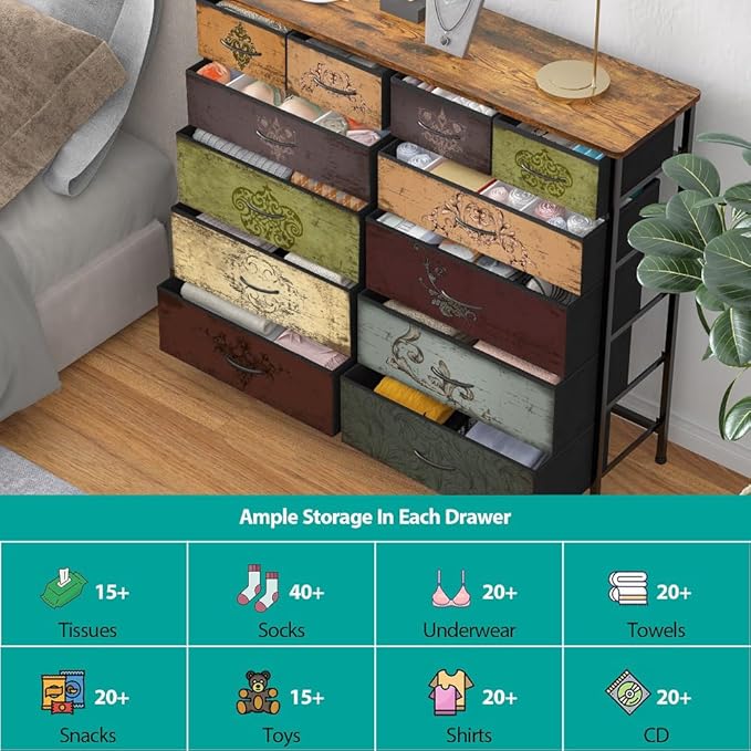 Dresser for Bedroom with 12 Drawers, Tall Fabric Drawer Dresser, Chest of
