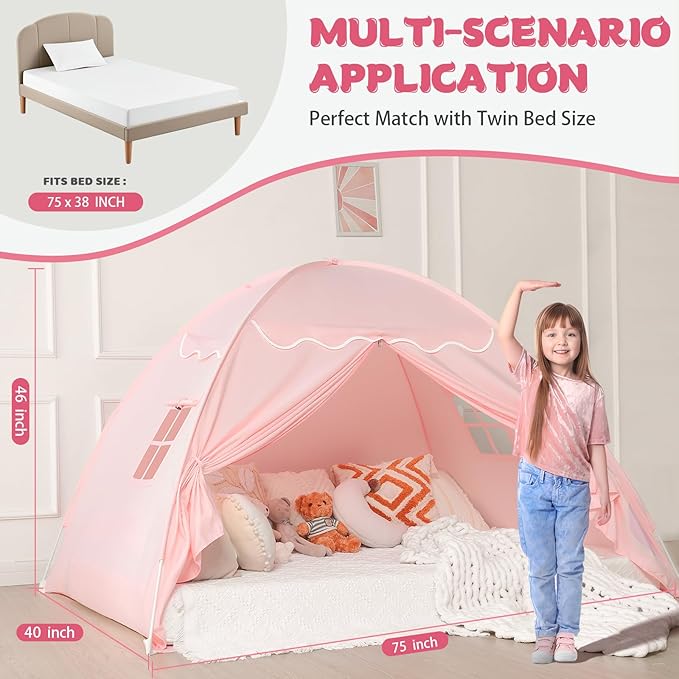 Sumbababy Toddler Bed Tent Canopy: Lights & Flags Indoor Floor Kids Play Tent Playhouse - Portable & Foldable Twin Bunk Bed Curtains - Twin Bed Tent for Girls Gifts (Pink)