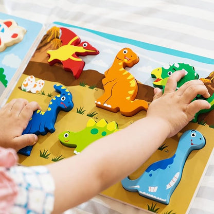 Wooden Chunky Puzzles Set - Dinosaurs, Vehicles and Pets Animals Wooden Puzzles Preschool Early Learning Toy Gift for Kids Toddlers 1-3