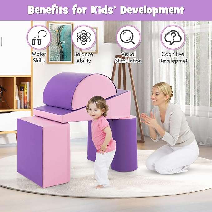 HONEY JOY 5-Piece Climb and Crawl Playset, Soft Climbing Foam Block Activity Play Structure Gym Equipment for Infant Baby, Color Coordination, Waterproof Indoor Climbing Toys for Toddlers (Purple)