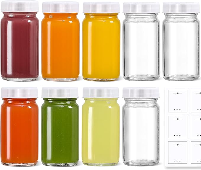 9 Pack 2 oz Glass Shot Bottles w/ White Lids & 9 Labels