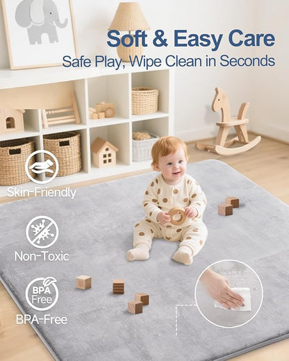 Thick Baby Play Mat for Floor,Padded Foam 59x59 Playpen Mat,Ultra Soft Support&Plush Feel Nursery Rug,Non Slip for Toddler, Infants,Kids Play,Yoga,Baby Crawling,Tummy Time(Light Grey)