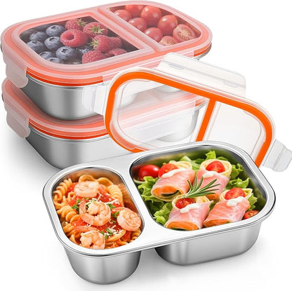 Palksky Lunch Containers Meal Prep Containers Stainless Steel, 2 Compartment Food Storage Containers with Leak-Proof Lids, Reusable Airtight Bento lunch Boxes, Kitchen Storage, Freezer (3 Packs)
