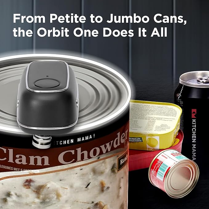 Kitchen Mama Orbit One Rechargeable Electric Can Opener: Hands-free, USB-C Charging, Automatic Stop, Smooth Edge, Safety, Blade for Large Cans, Heavy Duty, Soda and Pop Can, with Storage Box (Black)
