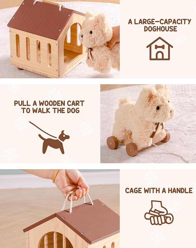 ROBOTIME Pull Dog Toy for Toddlers, Puppy Pet Care Pretend Play Set with Stuffed Animal, Dog House & Accessories, Walking Pull Along Toy, Educational Plush Gift for Boys and Girls