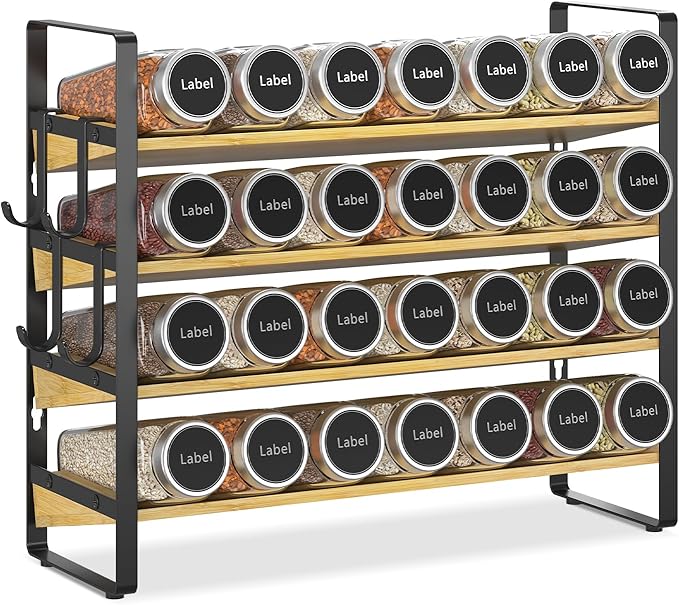 EsLuker.ly Spice Seasoning Rack Organizer Kitchen Countertop, 4 Tier Bamboo