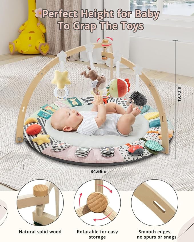 Baby Play Mat Activity Gym,6 Developmental Zones Tummy Time Mat, Foldable Wooden Baby Play Gym with 7 Detachable Sensory Toys for Newborn Brain Development, Essential Baby Shower Set