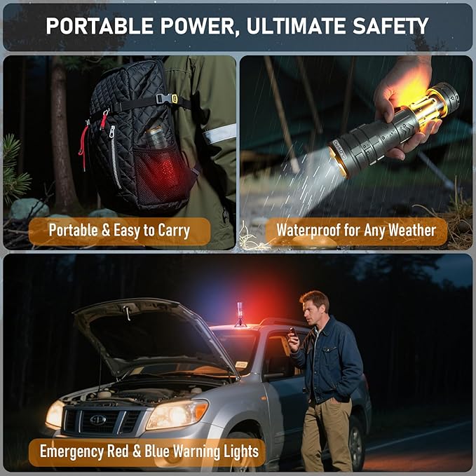 Rechargeable Flashlight 11 Modes Tactical Camping Flashlight with Red-Blue Emergency Lights, 10000 Lumens 3 in 1 Portable Camp Light with Stand, Bright LED Flashlight for Outdoor Activity