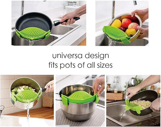 Clip-on Kitchen Food Strainer for Spaghetti, Vegetables. Silicone Kitchen Food
