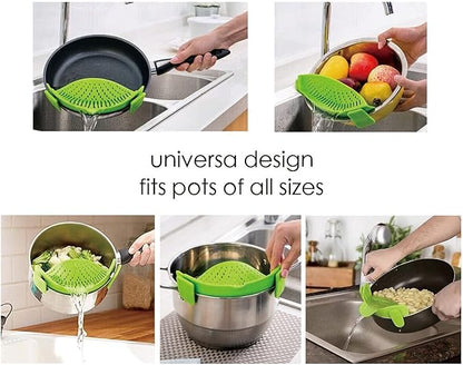 Clip-on Kitchen Food Strainer for Spaghetti, Vegetables. Silicone Kitchen Food