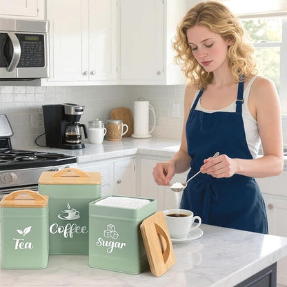 Maxdot 3 Set Coffee Sugar Tea Containers, Square Airtight Kitchen Canisters