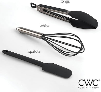 COOK WITH COLOR Stainless Steel Silicone Tipped Kitchen & BBQ Tongs Set, 3 Pc Utensils, Black