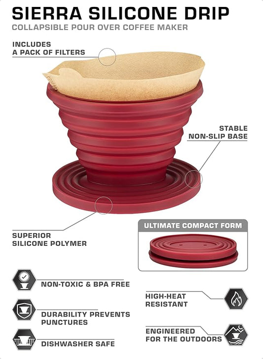 COLETTI Sierra Camping Pour Over Coffee Dripper ??Collapsible Pour Over Coffee Dripper ??Includes Pack of Paper Filters [Red, Pack of 1]