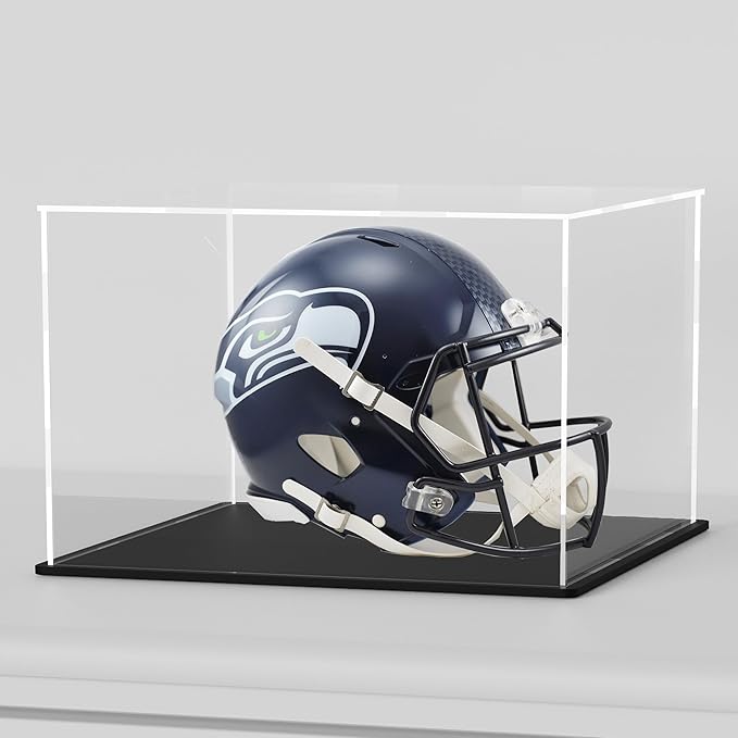 SVENJBB Mini Helmet Display Case, 7.5x5.5x5.5 Inch Acrylic Box for Display, Clear Acrylic Display Cases with Matte Black Base for Football Mini Helmet Protection