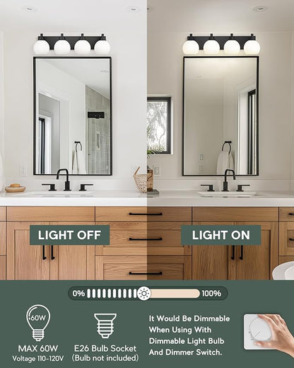 METWET Bathroom Light Fixtures, 4 Light Matte Black Vanity Light, 26 Inch