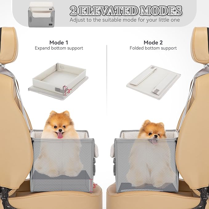 PETSFIT Dog Booster Car Seat, Waterproof PU Leather Dog Car Seats for Small Dogs with Patent Safe Buckles, Clip-On Leash, Pet Car Seat for Small Pets Up to 25lbs (Cool Grey)