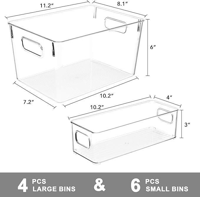 Tiawudi Set of 10 Clear Plastic Storage Bins, 4 Large and 6 Small Stackable