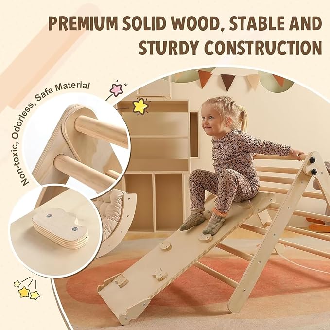 Pikler Triangle Set with Cushion Large, 5 in 1 Toddler Climbing Toys Indoor, Montessori Foldable Climbing Set for Kids, Wooden Playground Jungle Gym with Ramp, Arch and Ladder (Wooden Color)