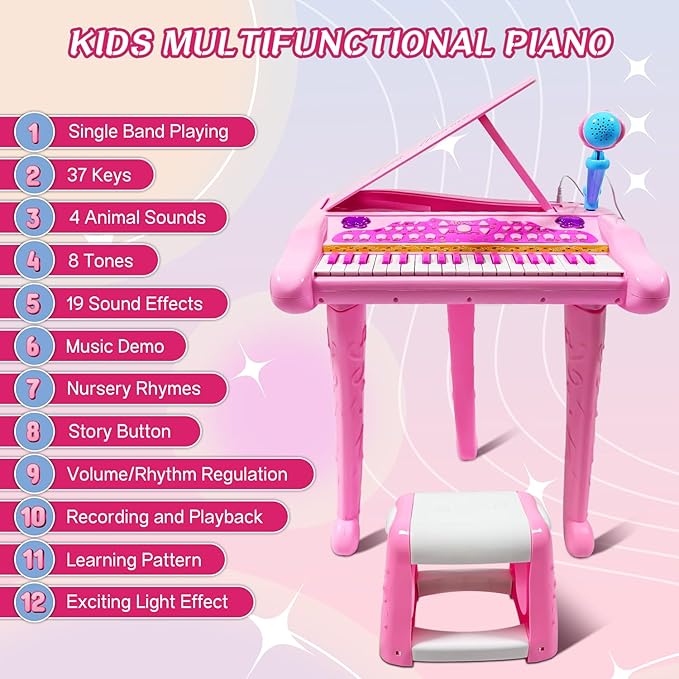 Dollox Keyboard Piano for Kids, 37-Key Toddler Piano Musical Instrument Toy, Electric Keyboard for Girls, 3, 4, 5, 6, 7 Years Old Birthday Gift - Mini Music Toy with Stool (Pink)