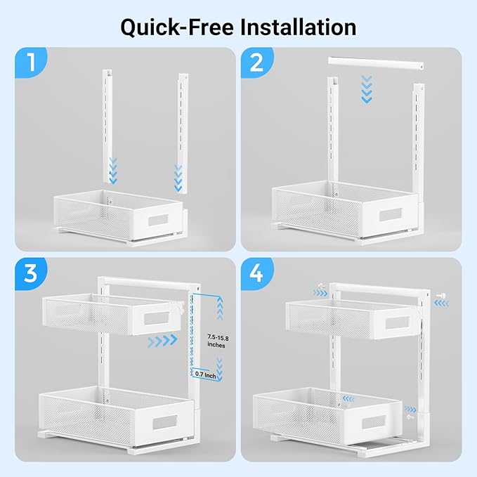 Pull-out Under Kitchen Sink Organizer, Metal Functional Under Sink Organizer, Height Adjustable Under Bathroom Sink Organizer, Under Sink Storage for Kitchen Bathroom Cabinet (White)