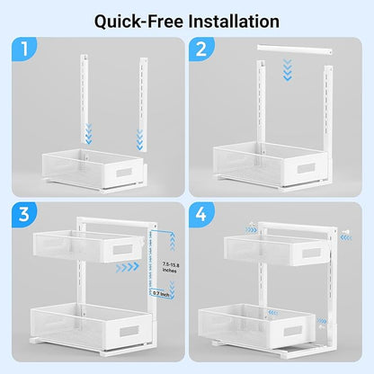 Pull-out Under Kitchen Sink Organizer, Metal Functional Under Sink Organizer, Height Adjustable Under Bathroom Sink Organizer, Under Sink Storage for Kitchen Bathroom Cabinet (White)
