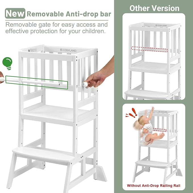 COSYLAND Kids Kitchen Step Stool, Height Adjustable Toddler Standing Tower Nursery Helper with CPC & FSC Certification, Removable Safety Railing Enjoys Exclusive Paten，White