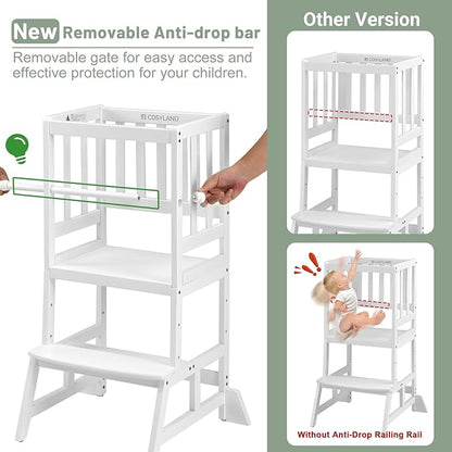 COSYLAND Kids Kitchen Step Stool, Height Adjustable Toddler Standing Tower Nursery Helper with CPC & FSC Certification, Removable Safety Railing Enjoys Exclusive Paten，White