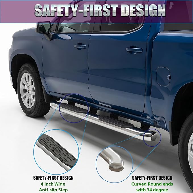 4 Inch Curved Running Boards Stainless Steel Nerf Bars Side Steps Compatible with 2005-2023 Toyota Tacoma Crew Cab, No-Cut, No Drilling, Bolt on Installation