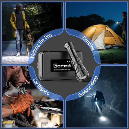 Goreit Flashlights LED High Lumens Rechargeable, 2000 Lumens XHP70.2 Super Bright Flashlight, Flash Light Battery Powered, Powerful Handheld Flashlight with Holster for Emergency Camping Hiking Gift