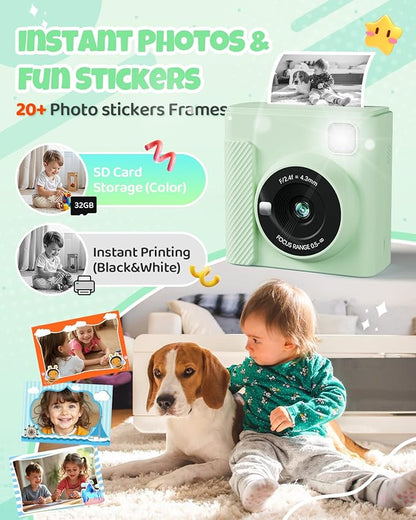 Kids Instant Print Camera, Christmas Birthday Gifts for Girls and Boys, 1080P HD Video Digital Kids Camera with Print Paper & 32G Card, Toddler Toy for 3-14 Years Old (Green)