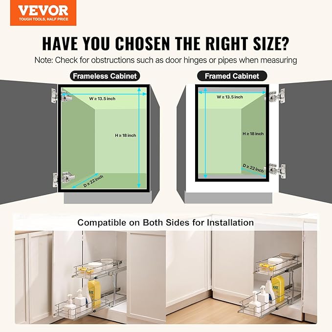 VEVOR Pull Out Cabinet Organizer, Chrome-Plated Steel Roll Out Drawers