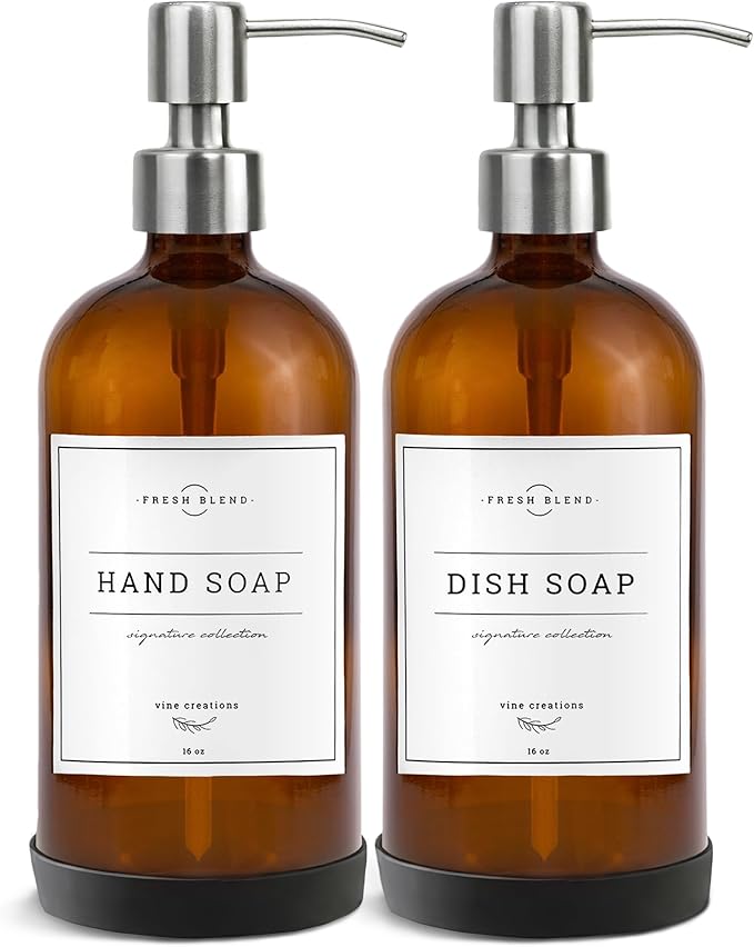 Vine Creations Amber Glass Soap Dispenser, 2 Pack Kitchen Soap Dispenser Set