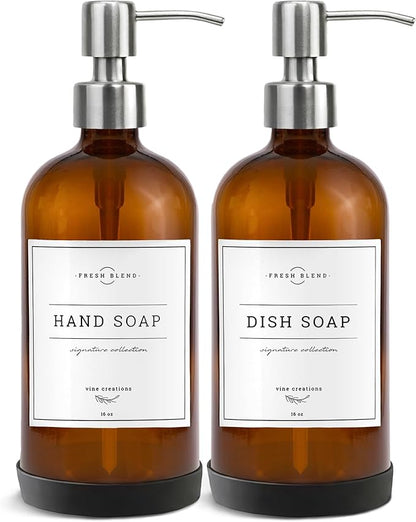 Vine Creations Amber Glass Soap Dispenser, 2 Pack Kitchen Soap Dispenser Set