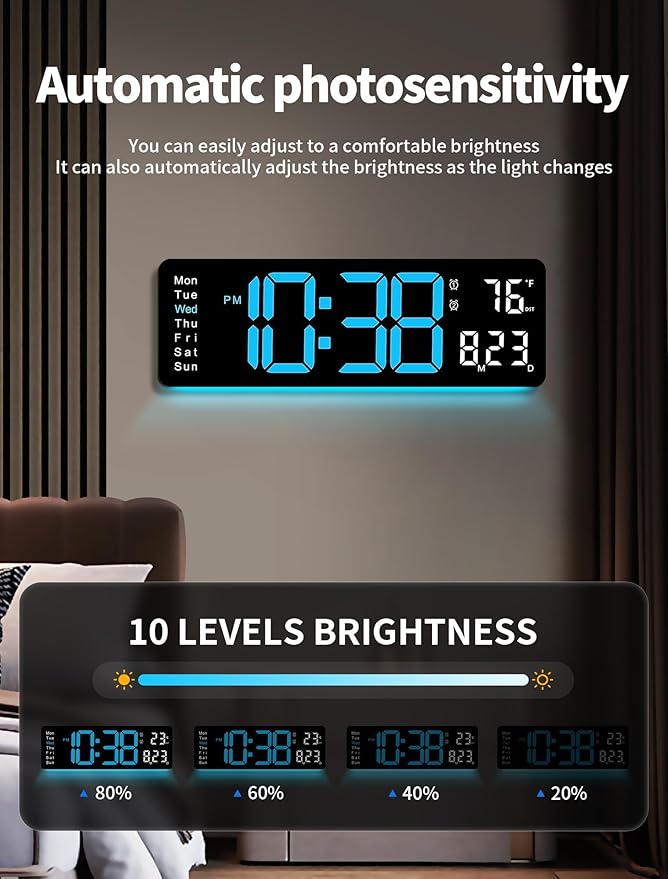 MASHI Digital Wall Clock, Auto-Dimming Wall Clock