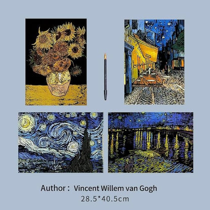Scratch Art Painting Scratch Paper Rainbow Painting Sketch Pads DIY Art Craft Set， 4 Pcs Vincent Van Gogh Engraving and 24Pcs Classic Landmarks and Animal Series for Kids & Adults with 3 Tools