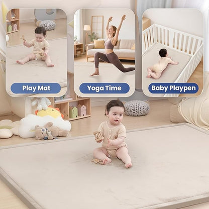 Baby Play Mat for Floor,1.3" Thick Memory foam Tummy Time Mat,Soft Coral Velvet Nursery Rug,Extra Large Non Slip for Crawling,Toddlers,Infants,kids,Tatami Style for Living Room(Beige)