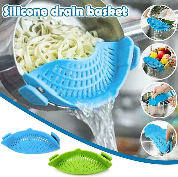 Clip-on Kitchen Food Strainer for Spaghetti, Vegetables. Silicone Kitchen Food