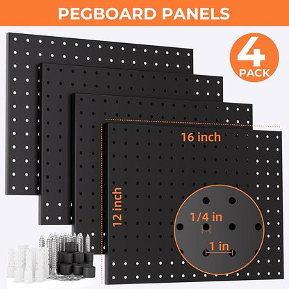 INCLY 70PCS Pegboard Wall Organizer, 4PCS Metal Peg Board Panels with 66PCS 1/4" Pegboard Hooks Accessories Kit, Black Peg Board for Walls Home, Garage Tool Storage, Workbench Organization